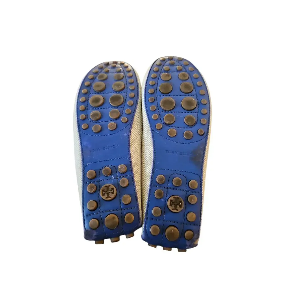 Tory Burch natural tan driving loafer with royal blue and gold logo T sz 8.5 SH2